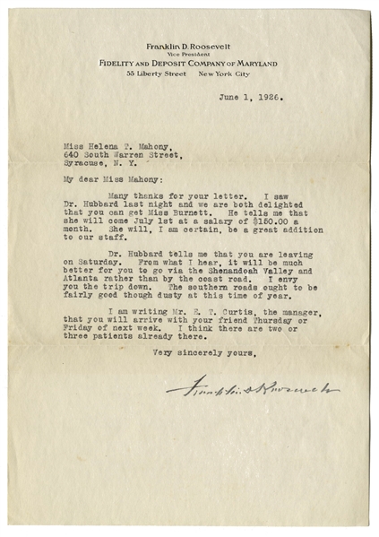 Franklin D. Roosevelt 1926 Letter Signed to Physical Therapist Helena Mahoney as the Warm Springs Facility Was About to Open -- ''...there are two or three patients already there...''
